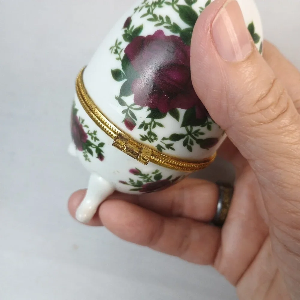 Porcelain Trinket Box Hand Painted Egg Metal Hinge Magnet Closure Floral 4